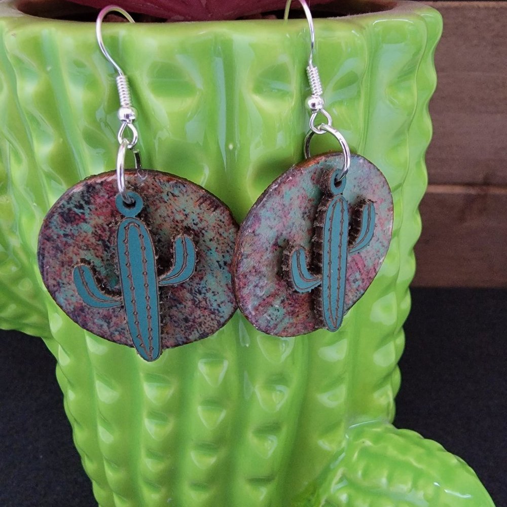 Handmade desert themed cactus circle earrings.